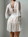 SHEIN Swim SXY Ladies' Solid Color V-neck Sheer Ruffle Sleeve Cover Up