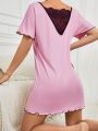 SHEIN Color-Blocked Sleep Dress With Lettering Print And Contrast Trim