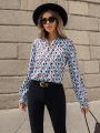 SHEIN Clasi All-Over Printed Notched Neck Long Sleeve Blouse