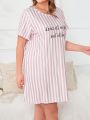 Women's Plus Size Soft Pink Striped Short Sleeve Nightgown