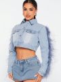 Anania Fuzzy Trim Sleeve Crop Denim Jacket