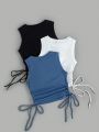 SHEIN Solid Color Side Drawstring Sleeveless Vest Top