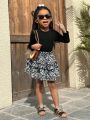 SHEIN Kids Cooltwn Toddler Girls' Casual Solid Color Long Sleeve Top With Floral Print Skirt