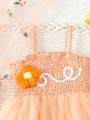 Baby Girls' Romantic And Cute Flower & Letter Embroidery Orange Mesh Bodysuit For Spring/Summer