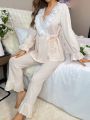 Women's Lace Splicing Lantern Sleeve & Bowknot Design Cute Pajama Set