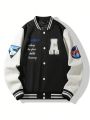 Men Slogan & Rocket Graphic Striped Trim Varsity Jacket