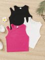 SHEIN Kids HYPEME Tween Girls' Vintage Minimalist Street Style Knitted Solid Color Sleeveless Vest, 3pcs/set