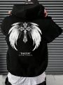 Men's Plus Size Fleece Hoodie With Wing & Cross Print And Drawstring, Autumn/winter