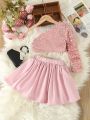 SHEIN Kids CHARMNG Girls' Birthday Party Outfit: Pink Beaded Off Shoulder Top & Fluffy Skirt