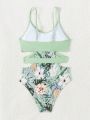 Teenage Girl's Tropical Print Patchwork Hollow Out One Piece Swimsuit