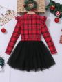 SHEIN Kids FANZEY Tween Girl Plaid Print Ruffle Trim Tee & Bow Front Mesh Overlay Skirt