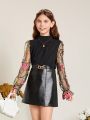 SHEIN Kids FANZEY Girls' Knit Stand Collar Elegant Shirt With Woven & Embroidered Organza Patchwork