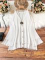 Plus Size Women's Off Shoulder Distressed Hem Open Front Shirt