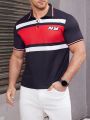 Men'S Letter Print Color Block Short Sleeve Polo Shirt