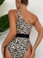 SHEIN Swim Chicsea One Shoulder Leopard Print Swimsuit With Knotted, Hollow Out And Cutout Detail