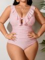 SHEIN Swim Vcay Plus Size One-Shoulder Swimsuit With Ruffles And Cutout Embroidery Detail