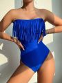 SHEIN Swim Basics Solid Color One-piece Swimsuit Decorated With Tassel