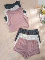 3pcs Ribbed Knit Tank Top & 3pcs Shorts