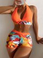 Summer Beach Tropical Print Halter Bikini Set