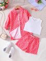 Toddler Girls' Trendy Geometric Pattern Printed Shirt With Vest And Shorts Set For Spring/Summer