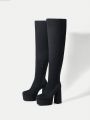 SHEIN SXY 1pair Solid Side Zipper Chunky Heeled Fashionable Boots