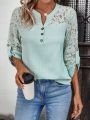 Women'S Lace Splice Notched Collar Blouse With Flounce Sleeve