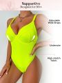 SHEIN DD+ Women's Ribbed Thin Shoulder Strap One-Piece Swimsuit