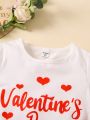 SHEIN Kids EVRYDAY Toddler Girls' Cute Sweetheart Heart Print T-Shirt And Ruffle Hem Suspender Skirt With Decorative Edging, Casual Style