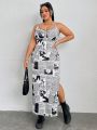 SHEIN Coolane Plus Size Women's Newspaper Print Split Hem Cami Dress