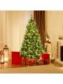 Costway 6ft Pre-lit Hinged Artificial Christmas Tree w/ Pine Cones & Red Berries