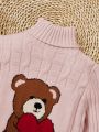 SHEIN Toddler Girls' Teddy Bear & Heart Design High Neck Long Sleeve Sweater Dress