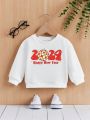 Baby Boys' Casual Round Neck Sweatshirt With 2024 New Year Slogan Print