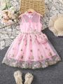 SHEIN Kids Nujoom Young Girl'S Fairy Style Summer Floral Embroidery Mesh Princess Dress