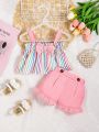 Baby Girl Striped Print Bow Front Cami Top & Ruffle Hem Shorts