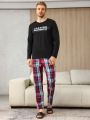 Men's Slogan Printed Long-sleeved T-shirt And Plaid Pants Homewear Set