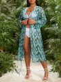 SHEIN Swim Vcay Plus Size Women's Geometric Printed Long Sleeve Kimono Cardigan