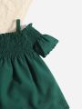 SHEIN Baby Laser Cut Shirred Cold Shoulder Scallop Trim Dress