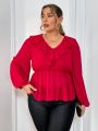 SHEIN Privé Plus Size V-Neck Lantern Sleeve Blouse With Ruffle Trim