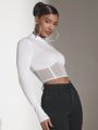 SHEIN BAE Women's Mesh Spliced Stand Collar Long Sleeve Crop Top T-shirt