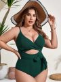 SHEIN Swim Basics Plus Size Solid Color Hollow Out One-Piece Swimsuit