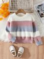 SHEIN Kids EVRYDAY Young Girl Color Block Drop Shoulder Fuzzy Sweater