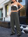 SHEIN Qutie Contrast Fold Over Button Up Bandeau Top And Pants Set