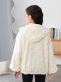 SHEIN Tween Girl Letter Embroidery Drop Shoulder Zipper Teddy Jacket