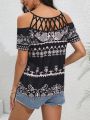 Women'S Geometric Pattern Off-Shoulder Hollow Out Blouse