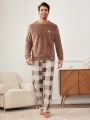 Men's Teddy Bear Letter Embroidered Top & Plaid Pants Plush Homewear Set