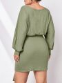 SHEIN Essnce Women's Solid Color Off Shoulder Dress With Waist Tie For Plus Size