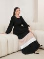 SHEIN Mulvari Women's Arabian Style Long Sleeve Round Neck Splice Skirt Hem Dress