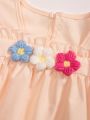 Baby Girls' Bodysuits With Flutter Sleeves & 3d Flower Decorative Triangle Shape Cover Cloth