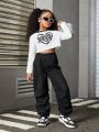 SHEIN Kids HYPEME Girls' (big) Love Heart & Letter Print T-shirt And Workwear Style Long Pants 2pcs/set