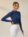 SHEIN Leisure Solid Crop Sports Hoodie With Thumb Holes